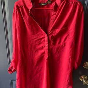 Sheer red blouse, gold drama brand, 1x Valentine’s Day ready! ❤️